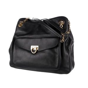 Auth Ferragamo Sheeba Black Leather Tote with Gold Chain Details Authentic